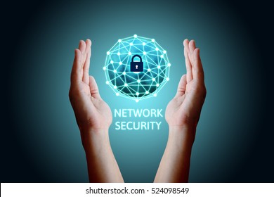 Cyber Security Network Concept, Young Asian Man Holding Global Network Security.