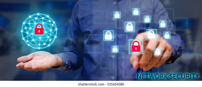 Cyber Security Network Concept, Young Asian Man Holding Global Network Security And Pressing Lock Icon With Virtual Screen.