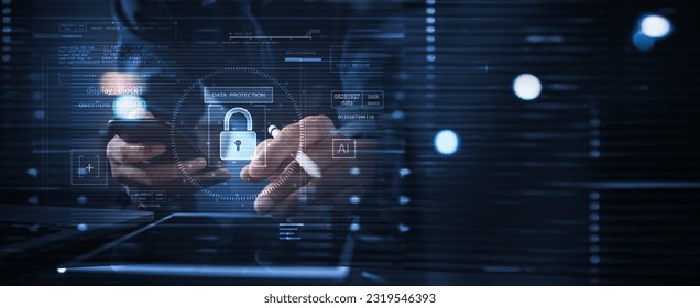 Cyber security network, Cybersecurity system technology. Businessman protecting data personal information encryption, digital padlock on tablet and virtual interface. Data protection privacy concept.