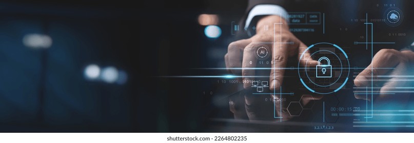 Cyber security network. Data protection concept. Businessman using tablet computer with digital padlock on internet technology networking with cloud computing and data management - Shutterstock ID 2264802235