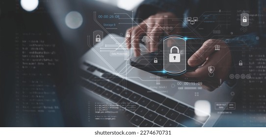 Cyber security network, data protection concept. Businessman using laptop and digital padlock with data protection on internet technology and social network. - Powered by Shutterstock - Get 15% off with code: PIKWIZARD15