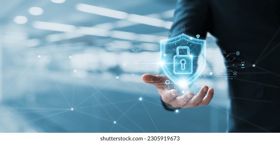 Cyber security and network data protection, businessman holding internet network security padlock, encryption security of personal data of users, smart protection against digital attacks.