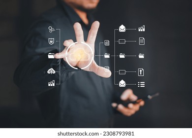Cyber security network. Data protection concept. Businessman using laptop computer with digital padlock on internet technology networking with cloud computing and data management, cybersecurity
