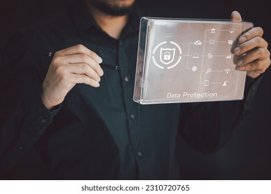 Cyber security network. Data protection concept. Businessman using laptop computer with digital padlock on internet technology networking with cloud computing and data management, cybersecurity
