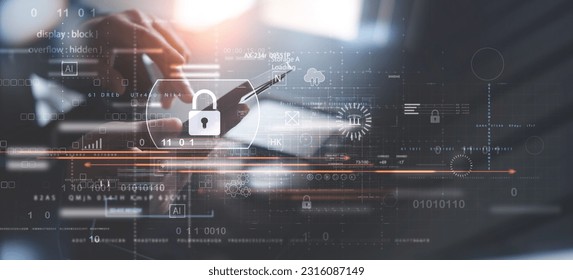 Cyber security network. Data protection concept. Man using mobile phone and laptop with digital padlock on internet technology networking, user privacy security and data encryption