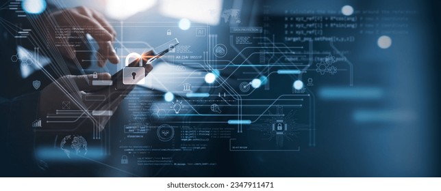 Cyber security network, data protection system concept. Man using computer and mobile phone with digital padlock, internet security network, data encryption, cybersecurity - Powered by Shutterstock