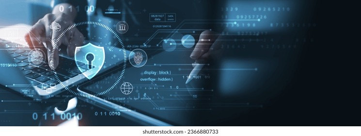 Cyber security network. Data protection concept. Businessman using laptop computer and digital tablet with padlock on network security technology with cloud computing, data management, cybersecurity - Powered by Shutterstock