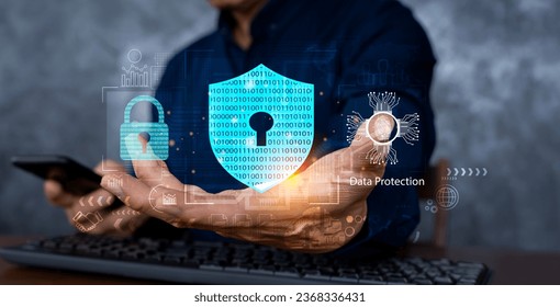 Cyber security network. Data protection concept. Businessman using laptop computer with digital padlock on internet technology networking with cloud computing and data management, cybersecurity