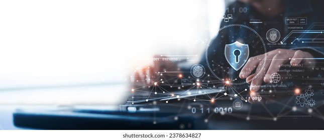 Cyber security network. Data protection concept. Businessman using digital tablet with biometric network security technology to access privacy data and management, computer crime, data encryption