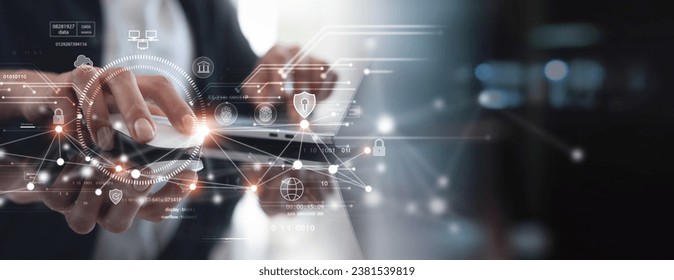 Cyber security network. Data protection concept. Businessman using laptop computer with biometric identification on internet technology network with cloud computing and data management, cybersecurity - Powered by Shutterstock