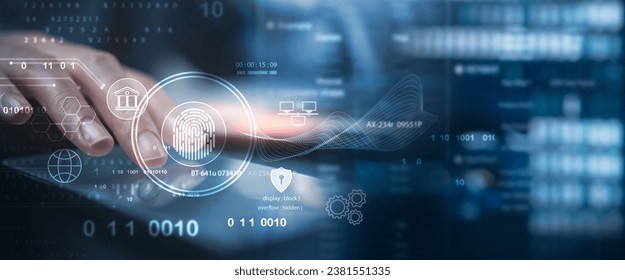 Cyber security network. Data protection. Business man using mobile phone for digital banking, fingerprint biometric security technology, cybersecurity verification, computer crime, data encryption