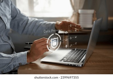 Cyber security network. Data protection concept. Businessman using laptop computer with digital padlock on internet technology networking with cloud computing and data management, cybersecurity
