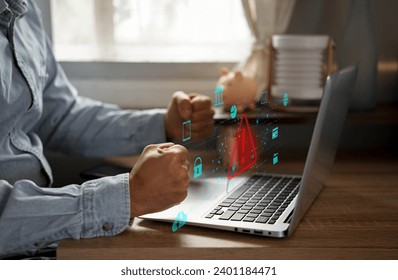 Cyber security network. Data protection concept. Businessman using laptop computer with digital padlock on internet technology networking with cloud computing and data management, cybersecurity