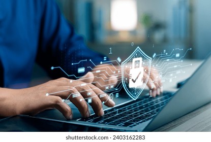 Cyber security network and Data protection concepts, Businessman using laptop computer with privacy security and encryption on internet technology networking, Secure internet access, Virtual screen.