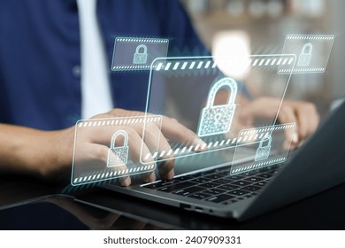 Cyber security network and Data protection concepts, Businessman using laptop computer with privacy security and encryption on internet technology networking, Secure internet access, Virtual screen.