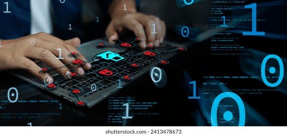 Cyber security network and Data protection concepts, Businessman using laptop computer with privacy security and encryption on internet technology networking, Secure internet access, Virtual screen.