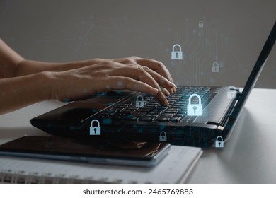 Cyber security network. Data protection concept. Businessman using laptop computers with digital padlocks on internet technology networking with cloud computing and data management, cybersecurity.