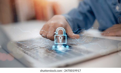 Cyber security network. Data protection concept. Businessman using laptop computer with digital padlock on internet technology networking with cloud computing and data management, cybersecurity