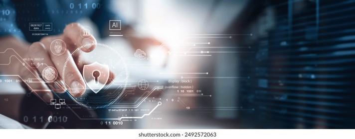 Cyber security network. Data protection concept. Businessman using digital tablet with padlock on network security technology with cloud computing, data encryption, cybersecurity technology background - Powered by Shutterstock