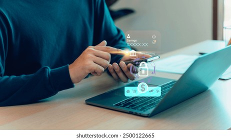 Cyber security network. Data protection concept. Digital online payment. person using mobile smart phone, online payment, banking, online shopping. Technology online banking applications.