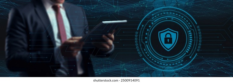 Cyber security network. Data protection concept. Businessman using digital tablet with padlock on network security technology with cloud computing.
