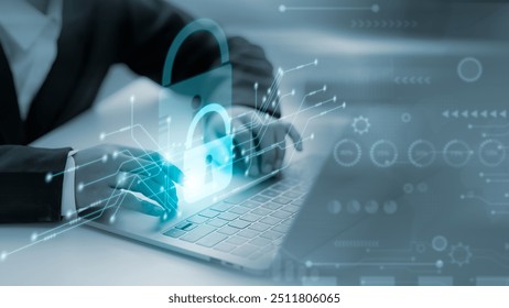 Cyber security network. Data protection concept. Businessman using laptop computer with digital padlock on internet technology networking with cloud computing and data management, cybersecurity - Powered by Shutterstock - Get 15% off with code: PIKWIZARD15
