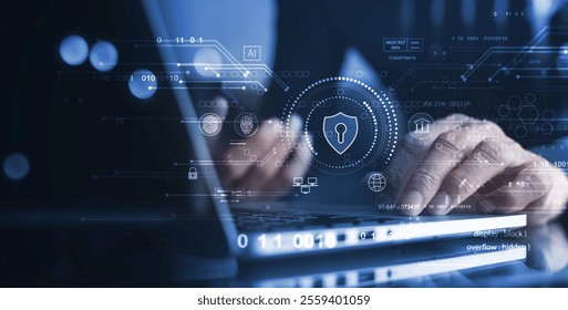 Cyber security network. Data protection concept. Businessman using laptop computer with digital padlock on internet technology networking with cloud computing and data management, cybersecurity
