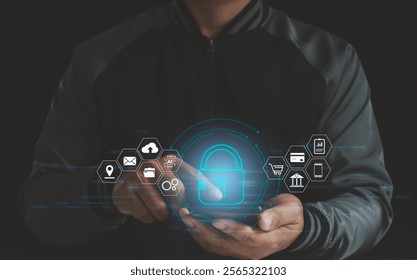 Cyber security network. Data protection concept. Person using a mobile smartphone with digital padlock on internet technology network security with cloud security and data encryption, cybersecurity.