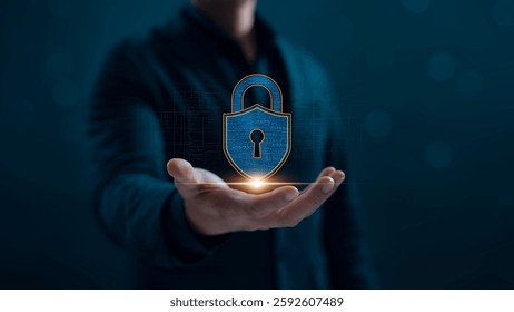 Cyber security and network data protection, businessman holding security padlock internet network, encryption security of personal data of users, smart protection against digital attacks.