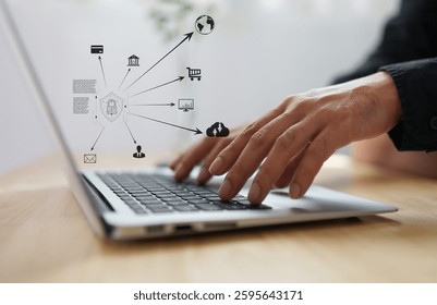 Cyber security network. Data protection concept. Businessman using laptop computer with digital padlock on internet technology networking with cloud computing and data management, cybersecurity