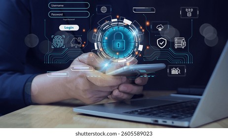 Cyber security network. Data protection concept. User using mobile phone with digital padlock on internet technology network security with cloud security and data encryption, cybersecurity.