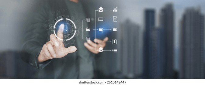 Cyber security network. Data protection concept. Businessman using laptop computer with digital padlock on internet technology networking with cloud computing and data management, cybersecurity
