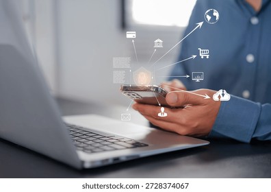 Cyber security network. Data protection concept. Businessman using laptop computer with digital padlock on internet technology networking with cloud computing and data management, cybersecurity
