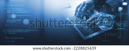 Cyber security network. Data protection concept. Businessman using laptop computer with digital padlock on internet technology networking with cloud computing and data management, cybersecurity