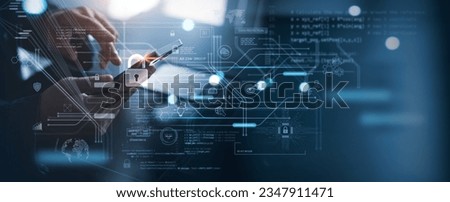 Cyber security network, data protection system concept. Man using computer and mobile phone with digital padlock, internet security network, data encryption, cybersecurity