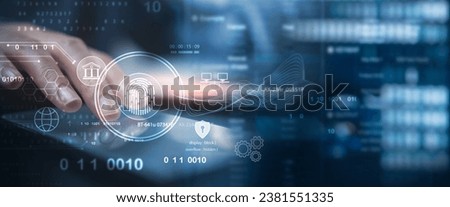 Cyber security network. Data protection. Business man using mobile phone for digital banking, fingerprint biometric security technology, cybersecurity verification, computer crime, data encryption
