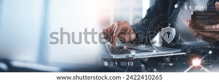 Cyber security network. Data protection concept. Businessman using laptop computer with digital padlock on internet technology networking with cloud computing and data management, cybersecurity