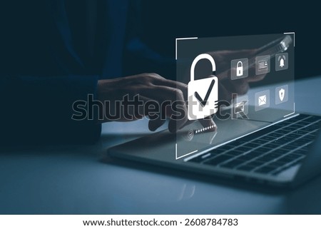 Cyber security network, Data protection concept, Businessman with digital padlock on internet technology networking with cloud computing and data management, cybersecurity