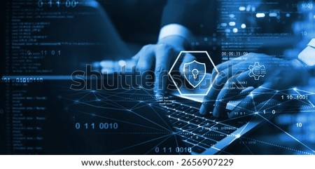 Cyber security network. Data protection concept. Programmer using laptop computer with digital padlock on internet technology networking with cloud computing and data management, cybersecurity