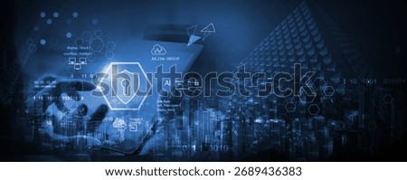 Cyber security network. Data protection concept. Businessman using laptop computer with digital padlock on internet technology networking with cloud computing and data management, cybersecurity