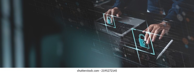Cyber security network, internet technology, personal data protection concept. Businessman using laptop computer and digital tablet with padlock, network security system, digital software development - Shutterstock ID 2195272145
