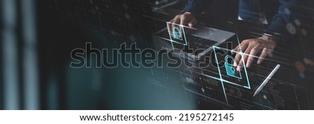 Cyber security network, internet technology, personal data protection concept. Businessman using laptop computer and digital tablet with padlock, network security system, digital software development