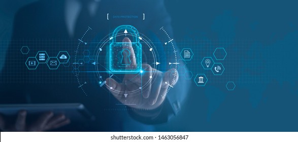 Cyber security network. Padlock icon and internet technology networking. Businessman protecting data personal information on tablet and virtual interface. Data protection privacy concept. GDPR. EU.  - Shutterstock ID 1463056847