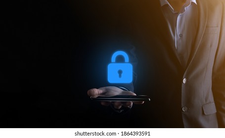 Cyber security network. Padlock icon and internet technology networking. Businessman protecting data personal information on virtual interface. Data protection privacy concept. GDPR. EU. - Shutterstock ID 1864393591