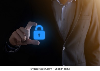 Cyber security network. Padlock icon and internet technology networking. Businessman protecting data personal information on virtual interface. Data protection privacy concept. GDPR. EU. - Shutterstock ID 1868348863