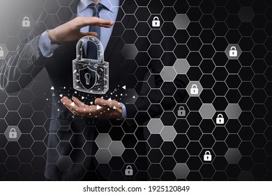 Cyber security network. Padlock icon and internet technology networking. Businessman protecting data personal information on tablet and virtual interface. Data protection privacy concept. GDPR. EU.