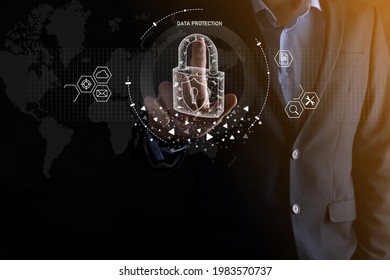 Cyber security network. Padlock icon and internet technology networking. Businessman protecting data personal information on tablet and virtual interface. Data protection privacy concept. GDPR. EU.