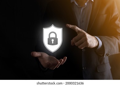 Cyber security network. Padlock icon and internet technology networking. Businessman protecting data personal information on tablet and virtual interface. Data protection privacy concept. GDPR. EU.