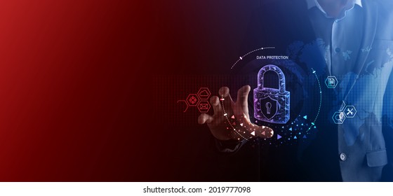 Cyber security network. Padlock icon and internet technology networking. Businessman protecting data personal information on tablet and virtual interface. Data protection privacy concept. GDPR. EU. - Shutterstock ID 2019777098