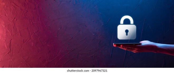 Cyber security network. Padlock icon and internet technology networking. Businessman protecting data personal information on tablet and virtual interface. Data protection privacy concept. GDPR. EU.